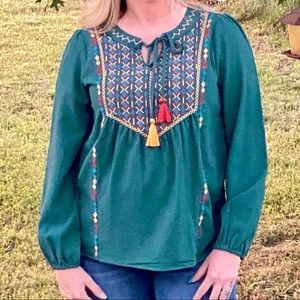 Savanna Jane Babydoll Style Top in an Emerald Green Teal with Embroidery Detail